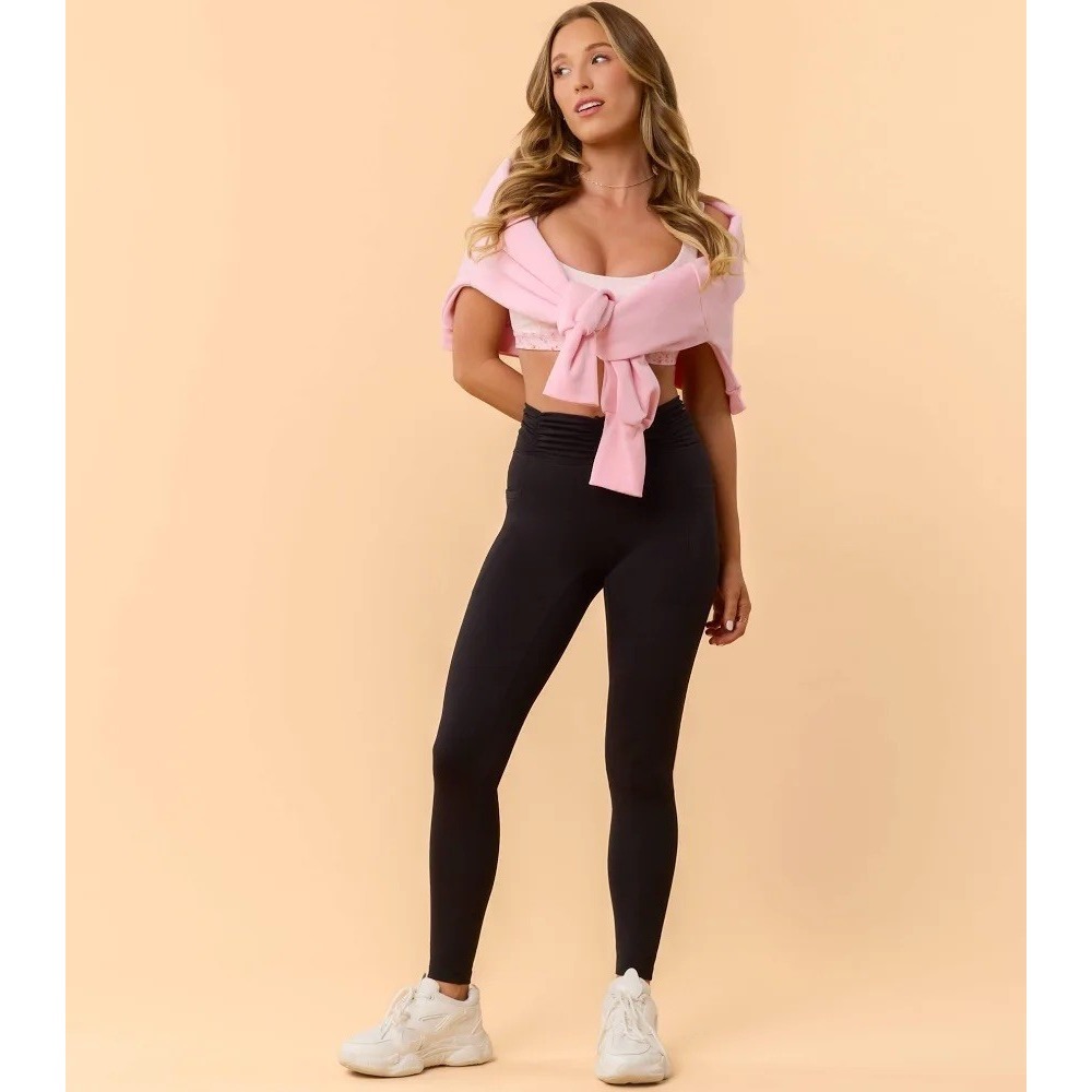 Blogilates Ruched Waist Legging Womens Small Black High Rise Pockets NWT